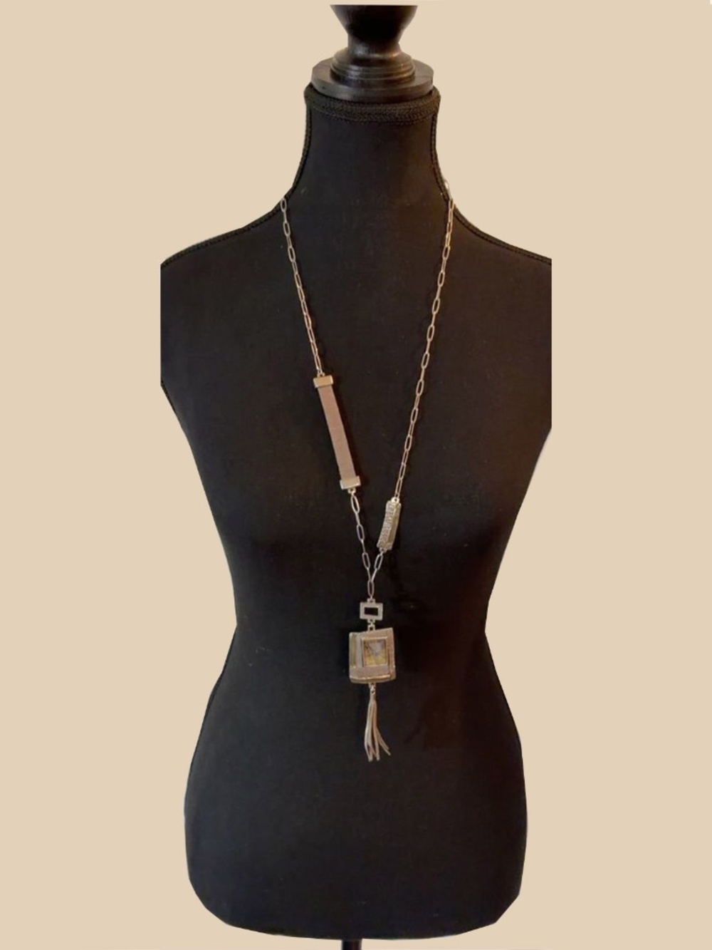 NES Montreal Artisan Statement Necklace Pewter Leather Stone Pendant